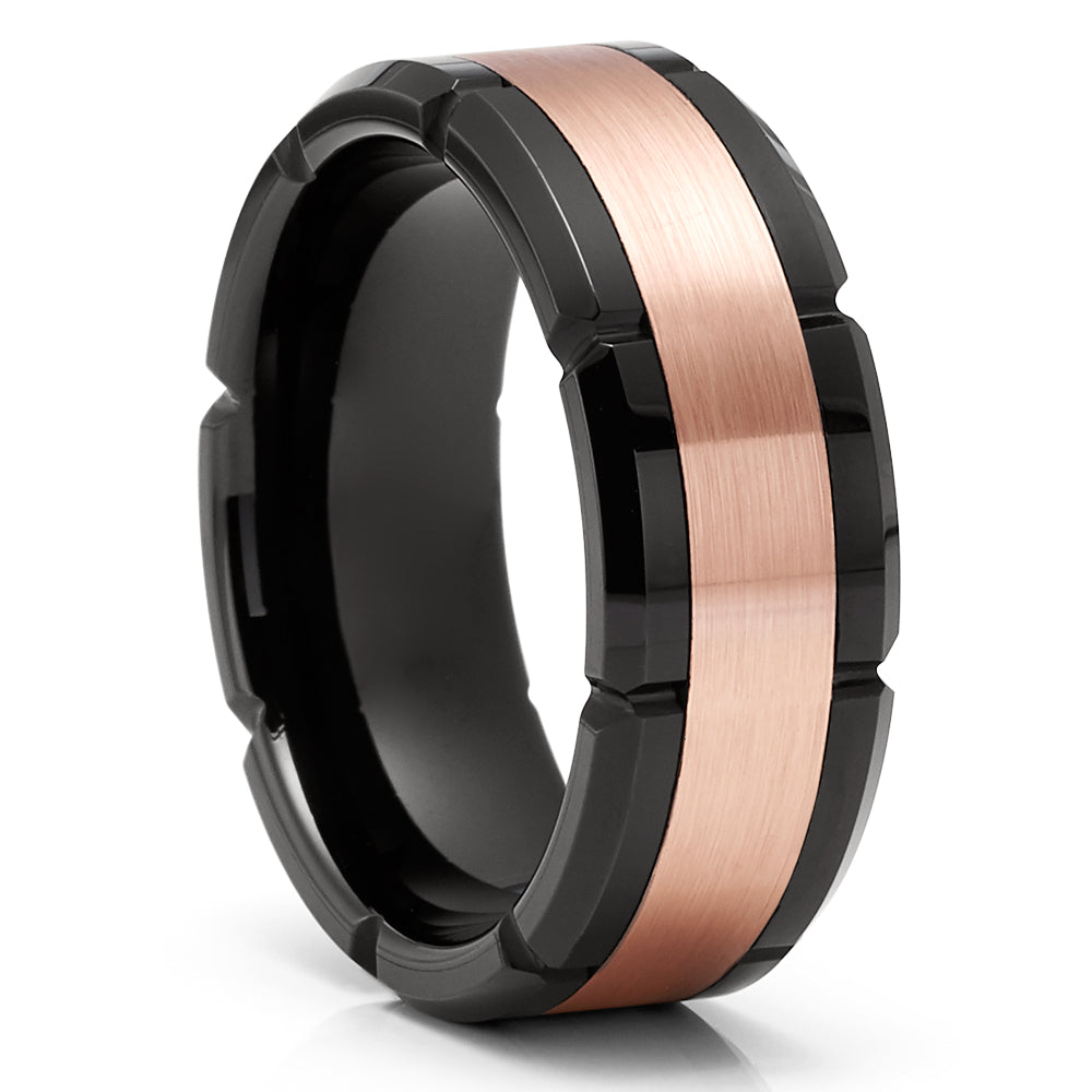 Men's Tungsten Wedding Ring - Rose Gold Tungsten Band - Black Tungsten Ring - 8mm