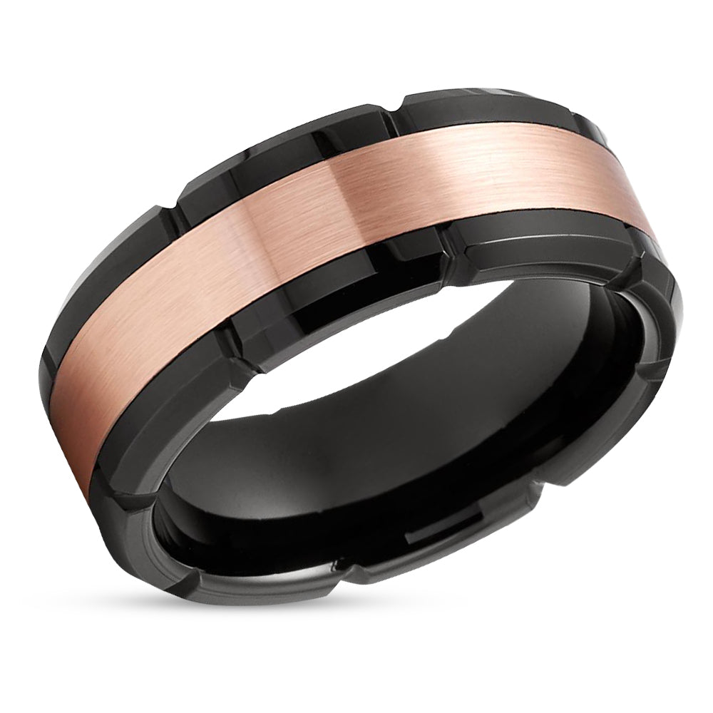 Men's Tungsten Wedding Ring - Rose Gold Tungsten Band - Black Tungsten Ring - 8mm