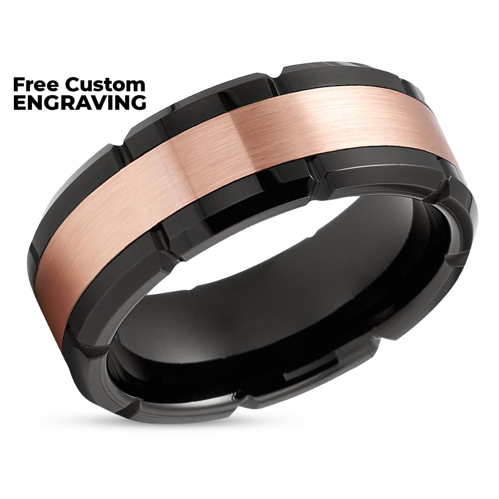 Men's Tungsten Wedding Ring - Rose Gold Tungsten Band - Black Tungsten Ring - 8mm