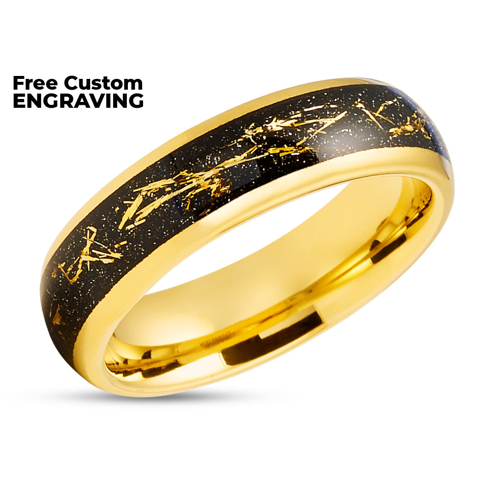 Meteorite Wedding Ring - Yellow Gold Ring - Gold Wedding Band - Tungsten Wedding Ring