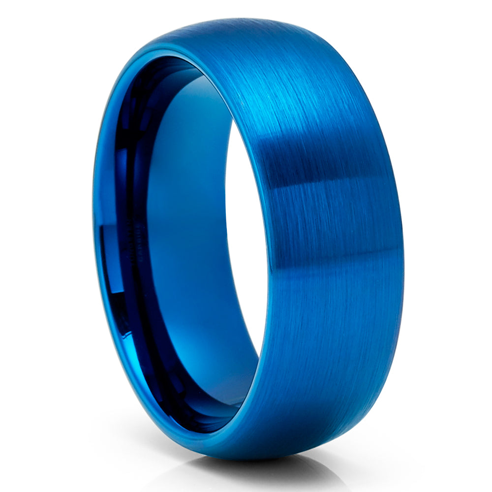 Blue Tungsten Wedding Rings - Blue Tungsten Ring - Dome Brush Ring - Comfort Fit