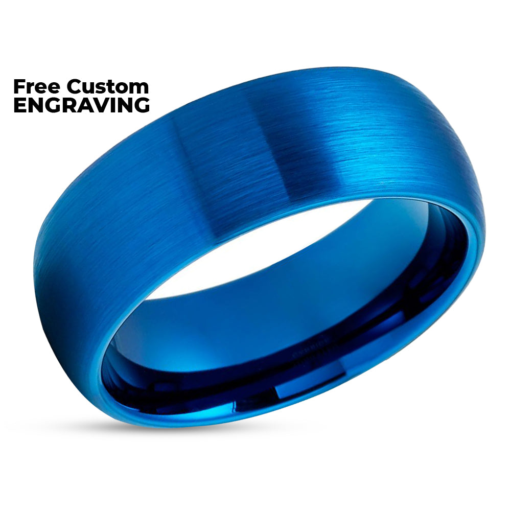 Blue Tungsten Wedding Rings - Blue Tungsten Ring - Dome Brush Ring - Comfort Fit
