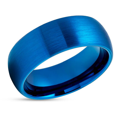 Blue Tungsten Wedding Rings - Blue Tungsten Ring - Dome Brush Ring - Comfort Fit