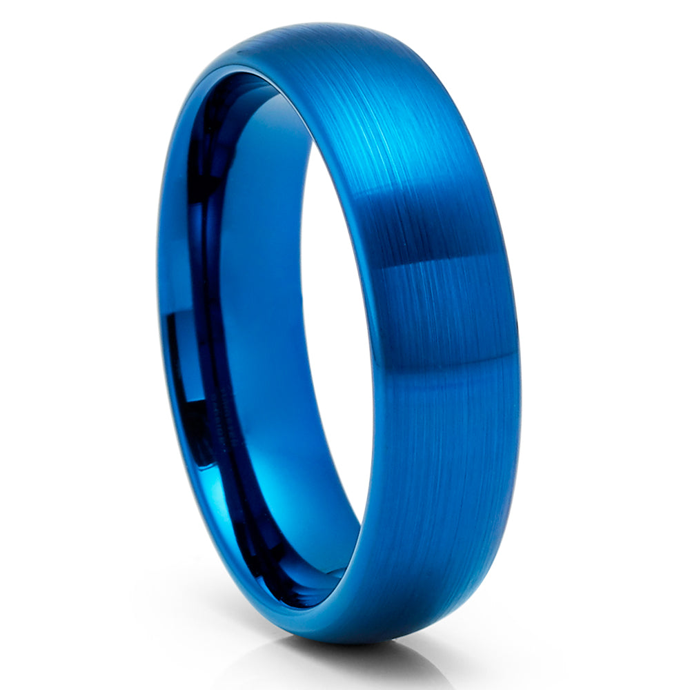 Blue Tungsten Wedding Rings - Blue Tungsten Ring - Dome Brush Ring - Comfort Fit