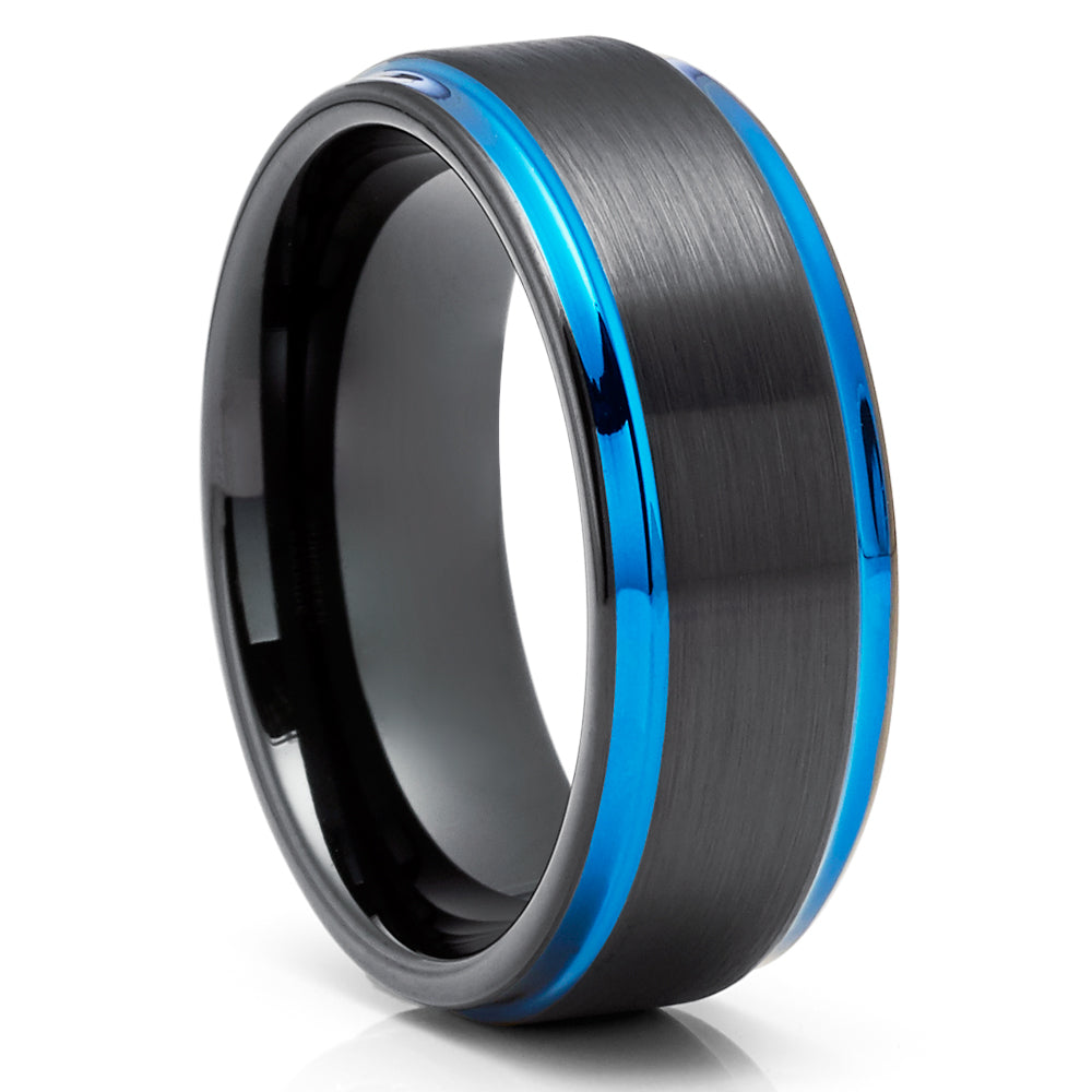 Black Tungsten Ring - Blue Wedding Band - Tungsten Carbide Ring - Blue Band - Ring