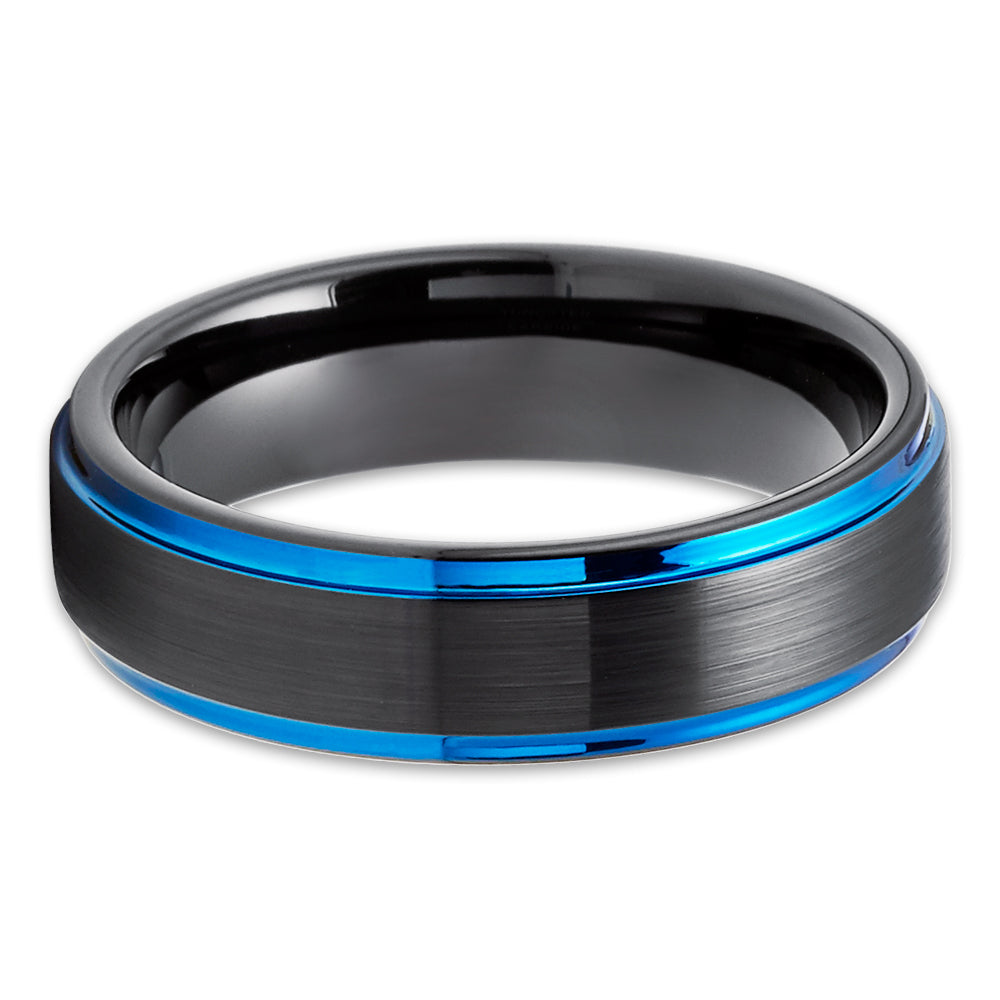 Black Tungsten Ring - Blue Wedding Band - Tungsten Carbide Ring - Blue Band - Ring