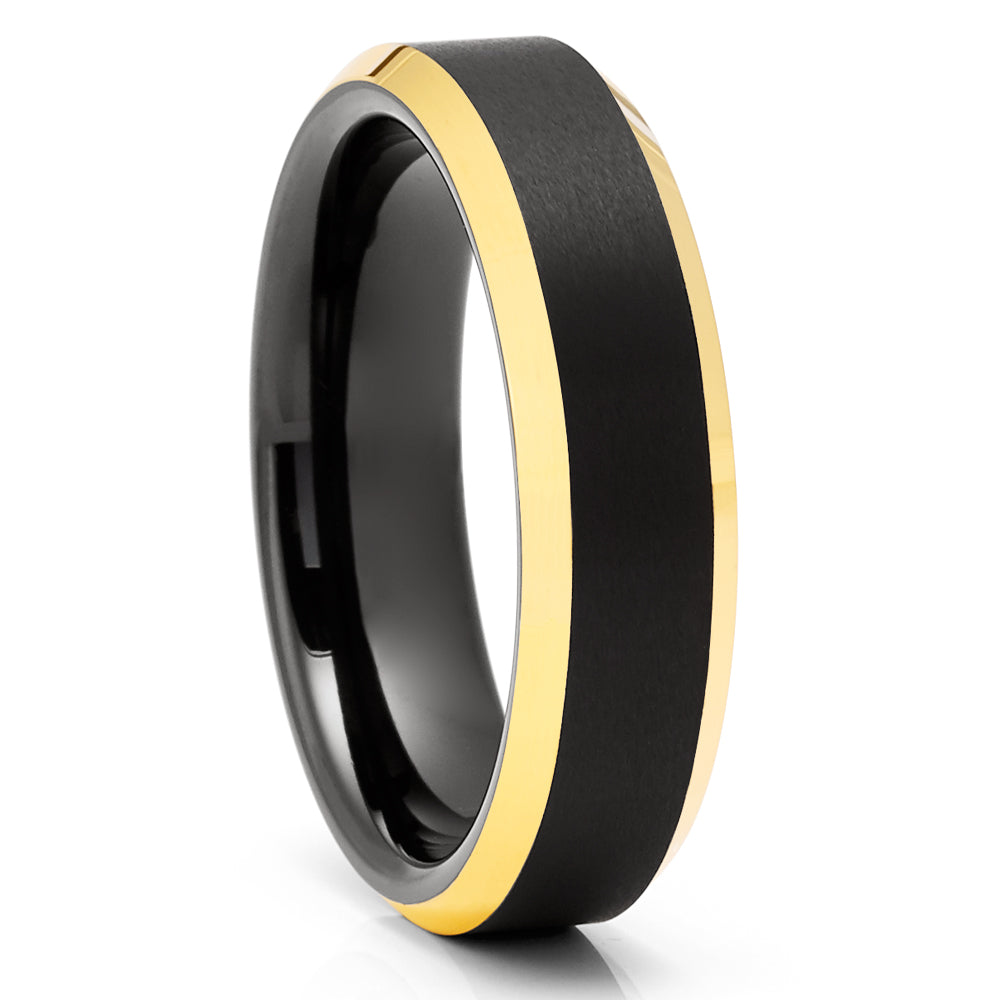 Black Wedding Ring - Yellow Gold Wedding Ring - Black Tungsten Ring - 18k Yellow Gold