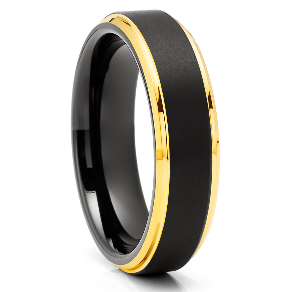Yellow Gold Tungsten Wedding Band - Yellow Gold Tungsten Ring - Black Wedding Ring