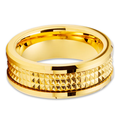 Yellow Gold Tungsten Wedding Ring - 8mm Yellow Gold Ring - Spike Design - Unique Ring