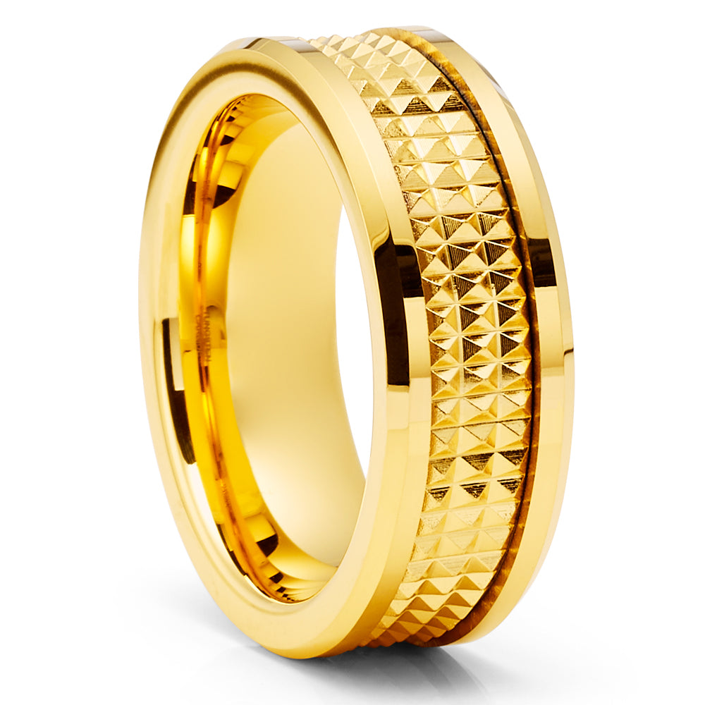 Yellow Gold Tungsten Wedding Ring - 8mm Yellow Gold Ring - Spike Design - Unique Ring