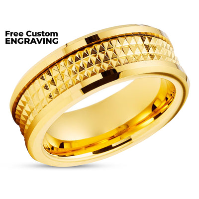 Yellow Gold Tungsten Wedding Ring - 8mm Yellow Gold Ring - Spike Design - Unique Ring