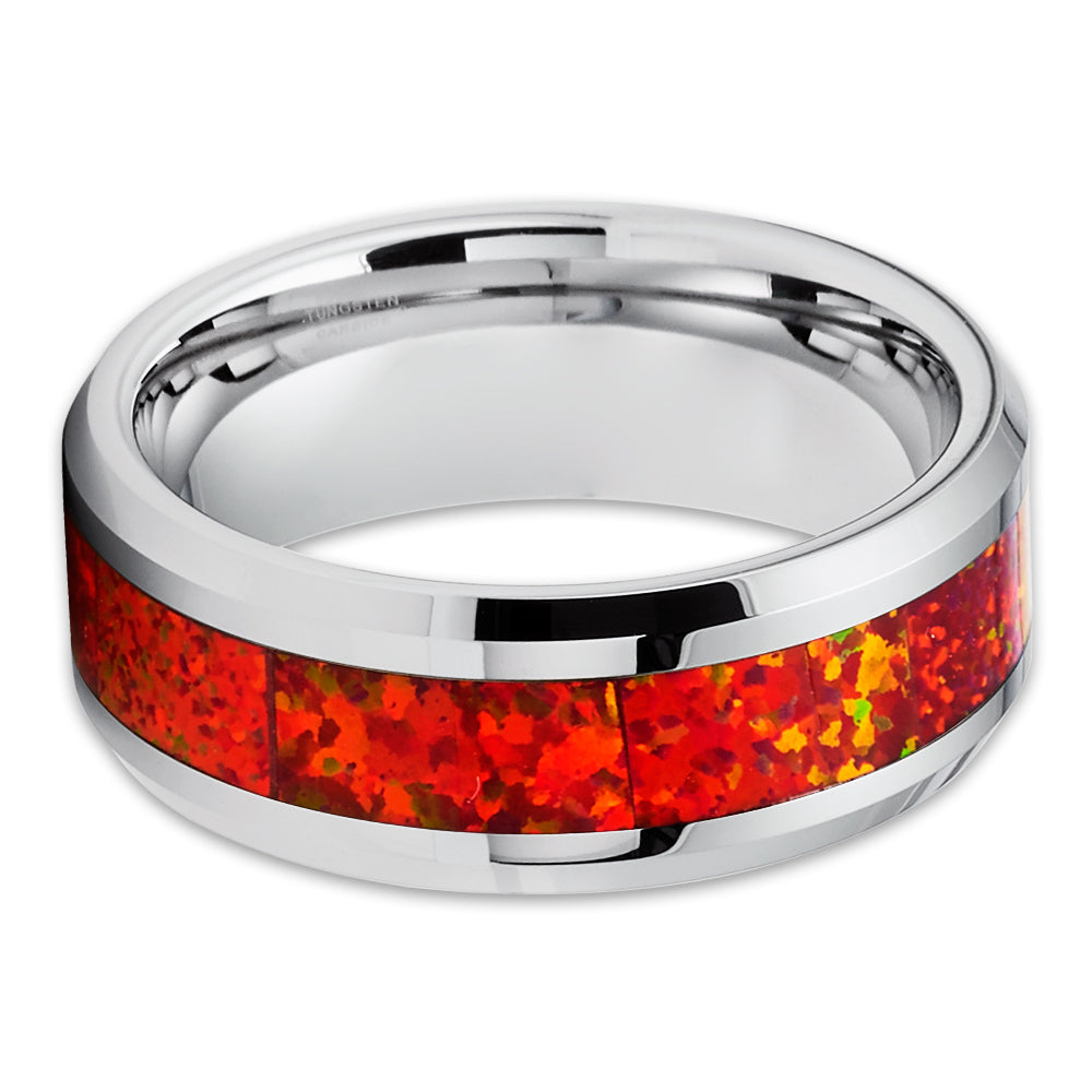 Opal Tungsten Wedding Rings - Orange Opal Ring- Opal Wedding Band - Rose Gold