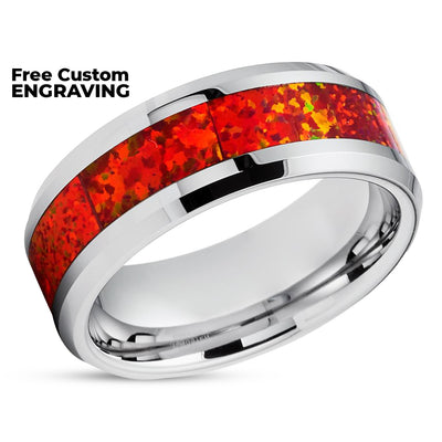 Opal Tungsten Wedding Rings - Orange Opal Ring- Opal Wedding Band - Rose Gold