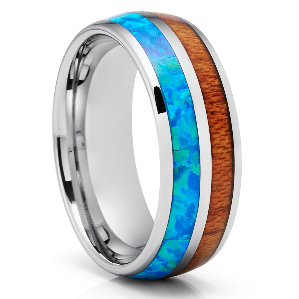 Koa Wood Tungsten Ring - Turquoise Tungsten Ring - Wood Tungsten - 8mm
