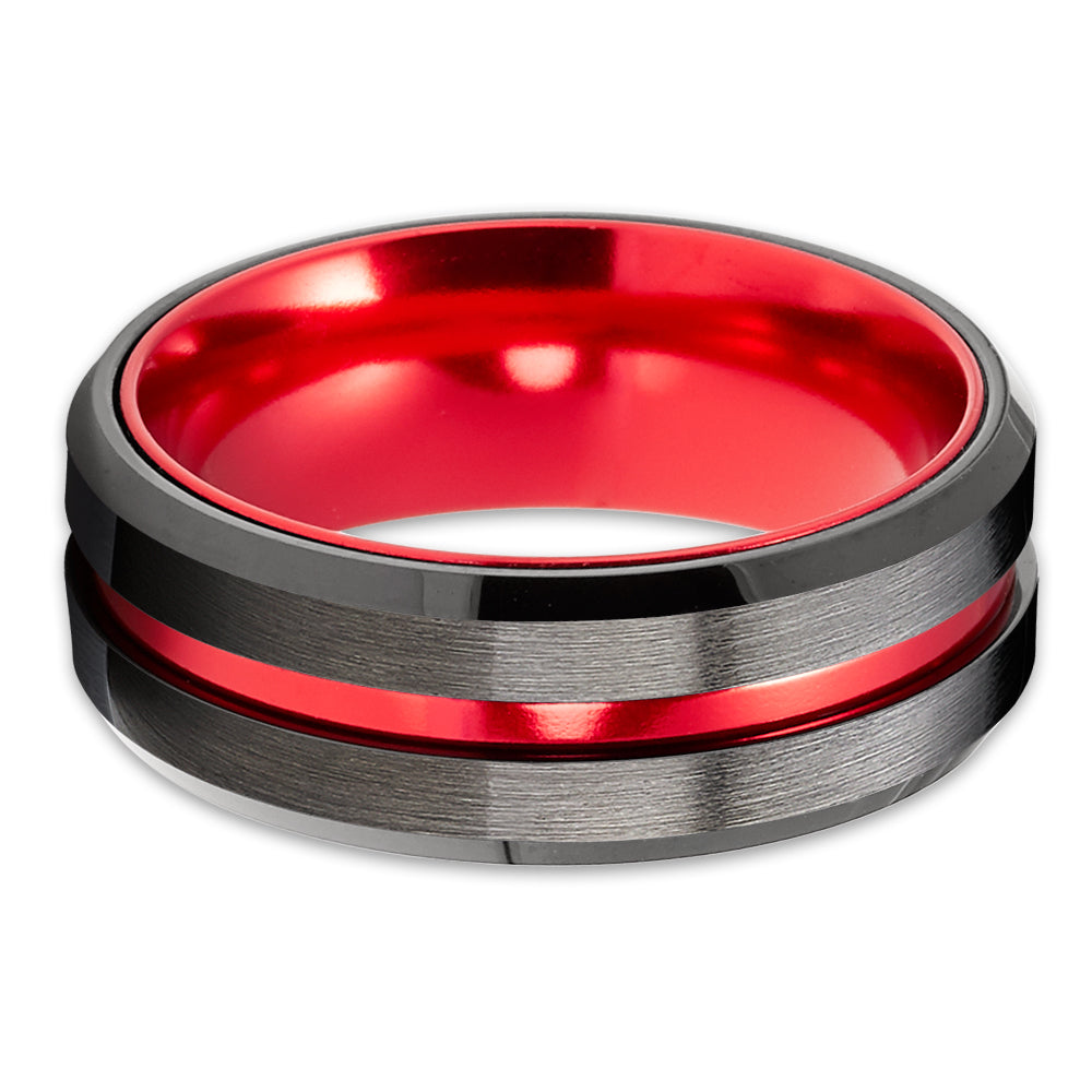 Red Wedding Ring - Gunmetal Wedding Band - Tungsten Wedding Ring - Black Ring - Red Band