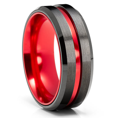 Red Wedding Ring - Gunmetal Wedding Band - Tungsten Wedding Ring - Black Ring - Red Band