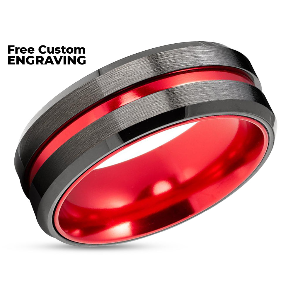 Red Wedding Ring - Gunmetal Wedding Band - Tungsten Wedding Ring - Black Ring - Red Band