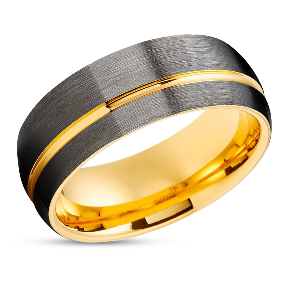 Gunmetal Tungsten Wedding Ring - Yellow Gold Tungsten Ring - Gunmetal Ring - Men & Women