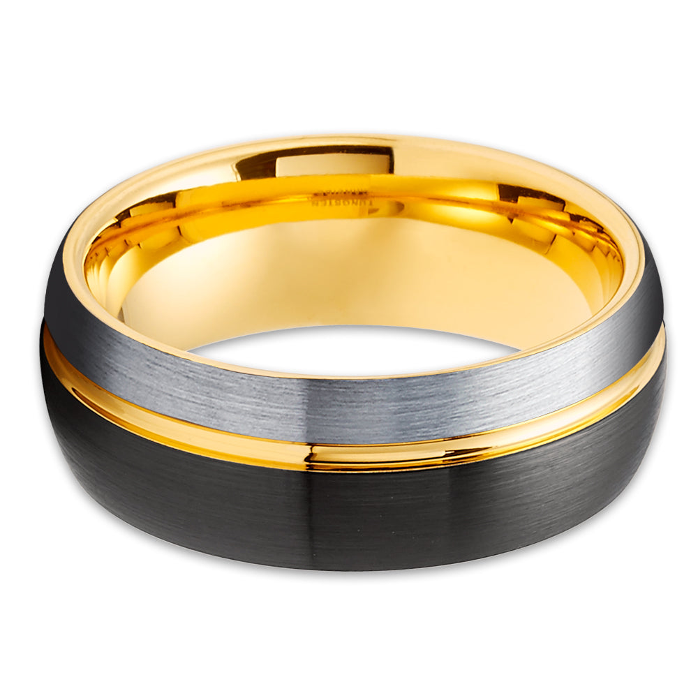 Yellow Gold Wedding Ring - Black Wedding Band - 18k Yellow Gold - Tungsten Ring - Black