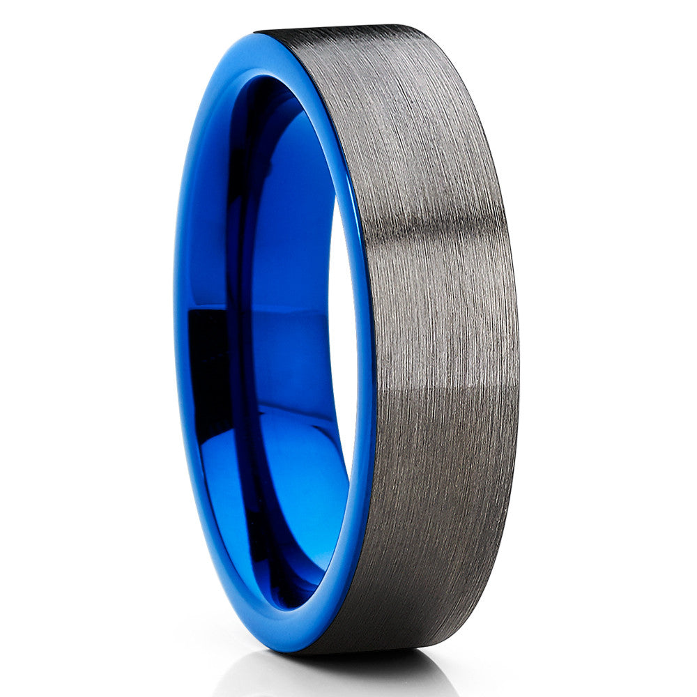 6mm - Blue Tungsten Wedding Band - Gray Tungsten Ring - Gunmetal - Brush - Clean Casting Jewelry
