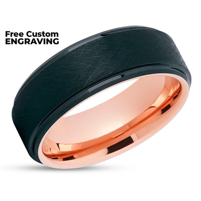 Man's Wedding Ring - Black Tungsten Ring - Rose Gold Wedding Ring - Tungsten Band