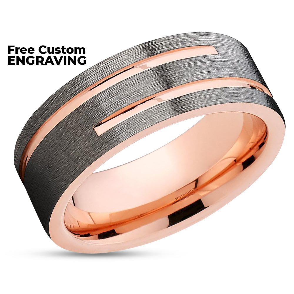 Rose Gold Tungsten Wedding Band - Gunmetal Ring - Gray Tungsten Ring