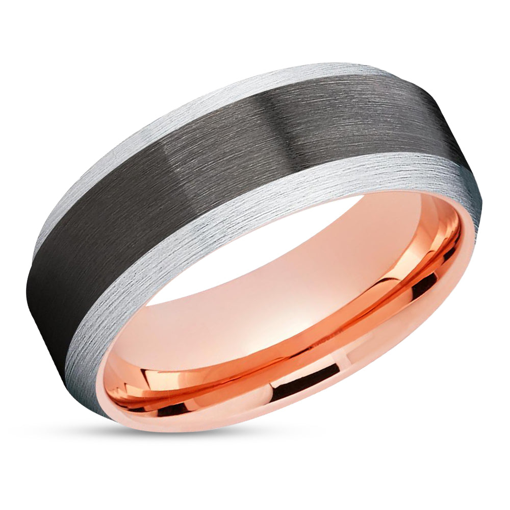 Rose Gold Tungsten Wedding Band - Black Ring - Gunmetal Ring - Wedding Band