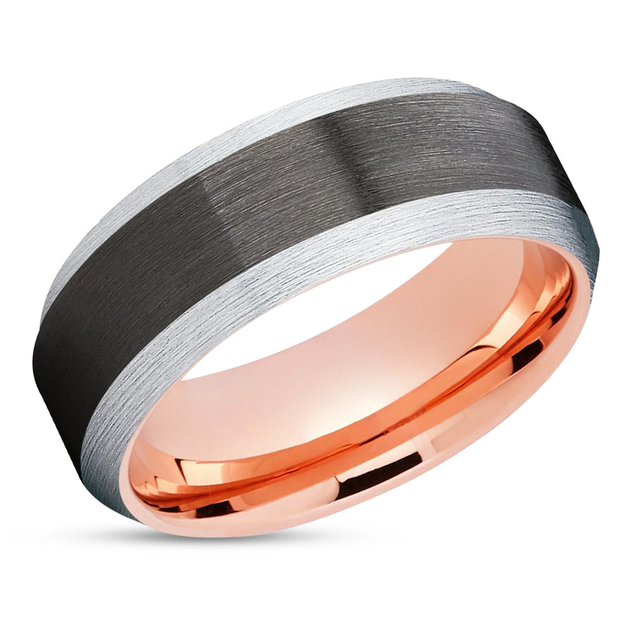 Rose Gold Tungsten Wedding Band - Black Ring - Gunmetal Ring - Wedding Band