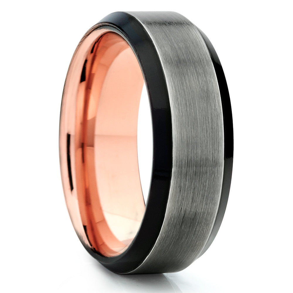 Black Tungsten Ring - Men's Wedding Ban d- Gunmetal Ring - Rose Gold - Clean Casting Jewelry