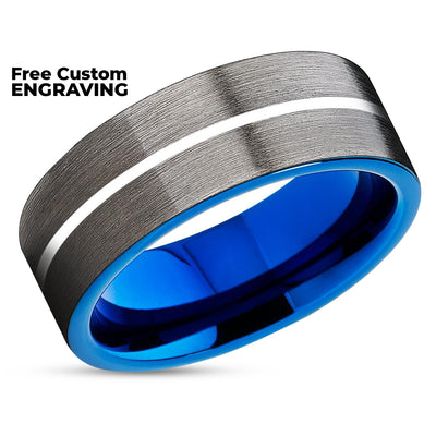 Unique Wedding Band - Gunmetal Wedding Ring - Blue Tungsten Ring - Blue Ring - Brush