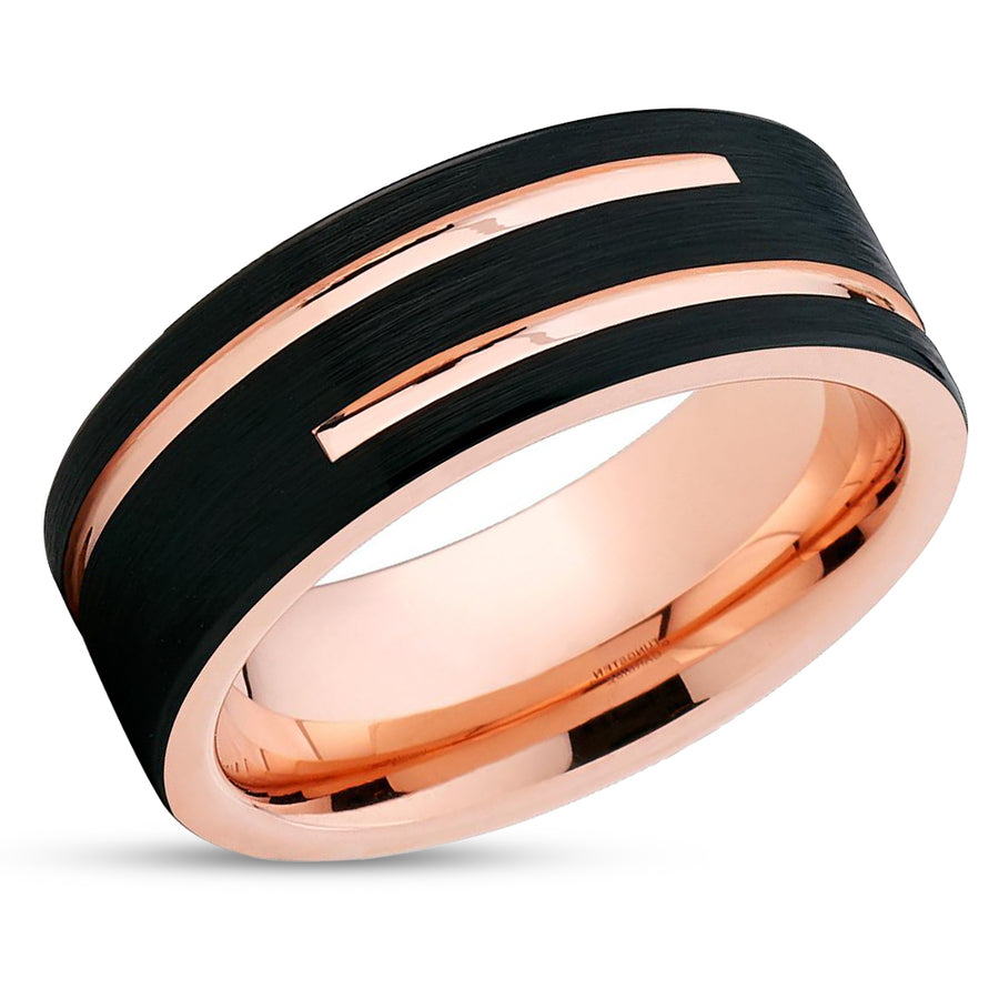 8mm Rose Gold Tungsten Wedding Band - Black Tungsten - Men's Ring - Black Wedding Ring