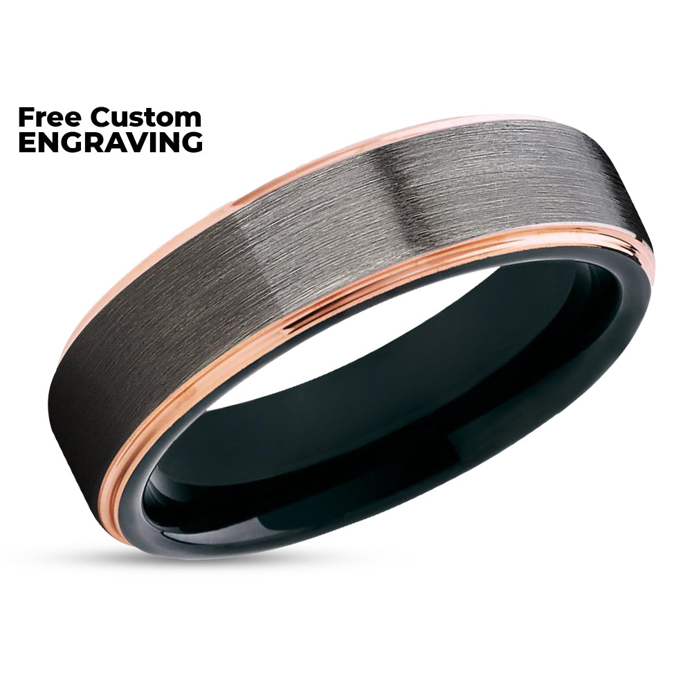 Rose Gold Tungsten Wedding Band - Gunmetal Ring - Black Tungsten Ring - Wedding Ring
