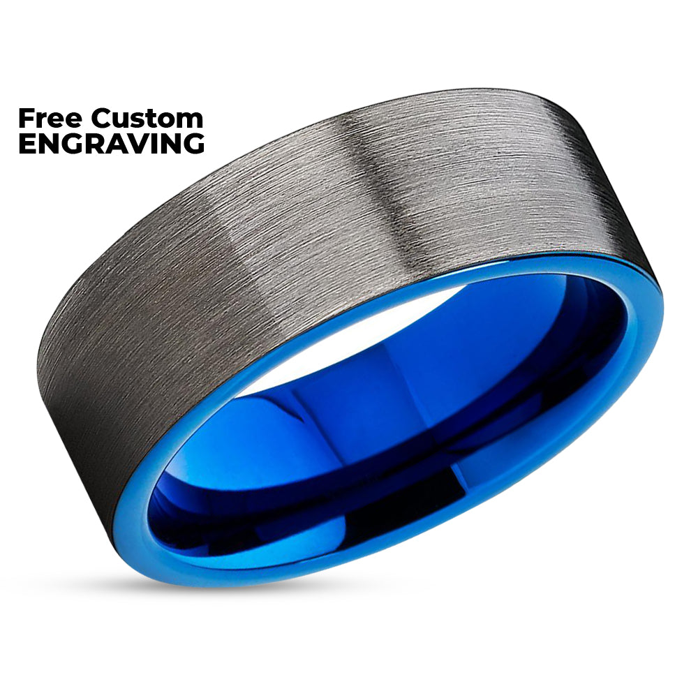 Blue Wedding Band - Tungsten Wedding Ring - Gunmetal Wedding Ring - Brush Ring