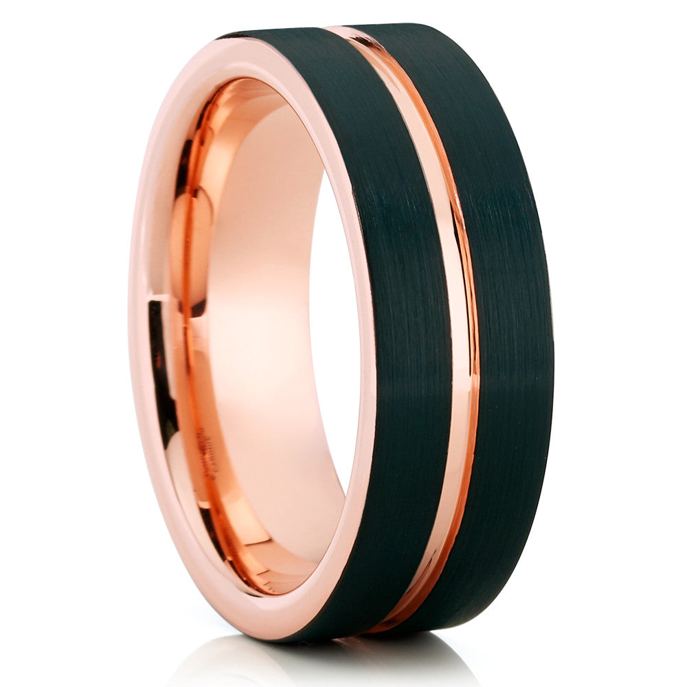 Black Tungsten Wedding Band - 8mm - Rose Gold Tungsten Ring - Brush - Clean Casting Jewelry