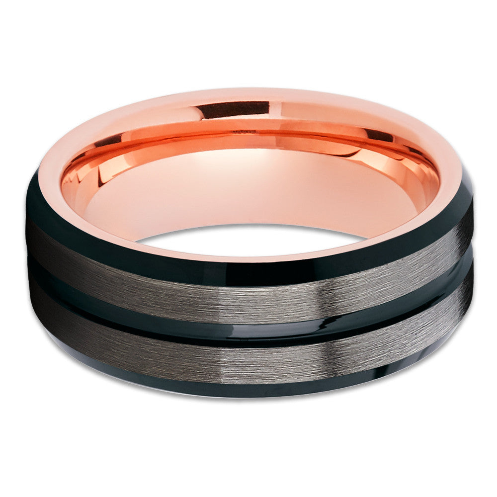 Black Tungsten Ring - Rose Gold Tungsten - Tungsten Wedding Band - Brush - Clean Casting Jewelry