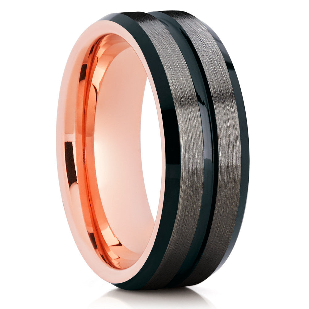 Black Tungsten Ring - Rose Gold Tungsten - Tungsten Wedding Band - Brush - Clean Casting Jewelry