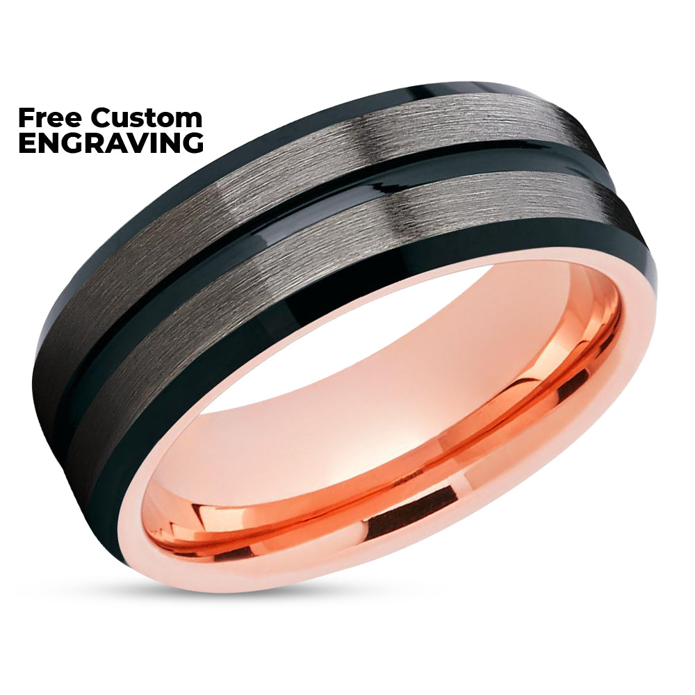 Rose Gold Tungsten Ring - Black Wedding Ring - Rose Gold Wedding Band - Ring