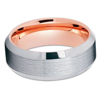 Rose Gold Tungsten Band - Silver Brush - Rose Gold Tungsten Ring - Beveled - Clean Casting Jewelry