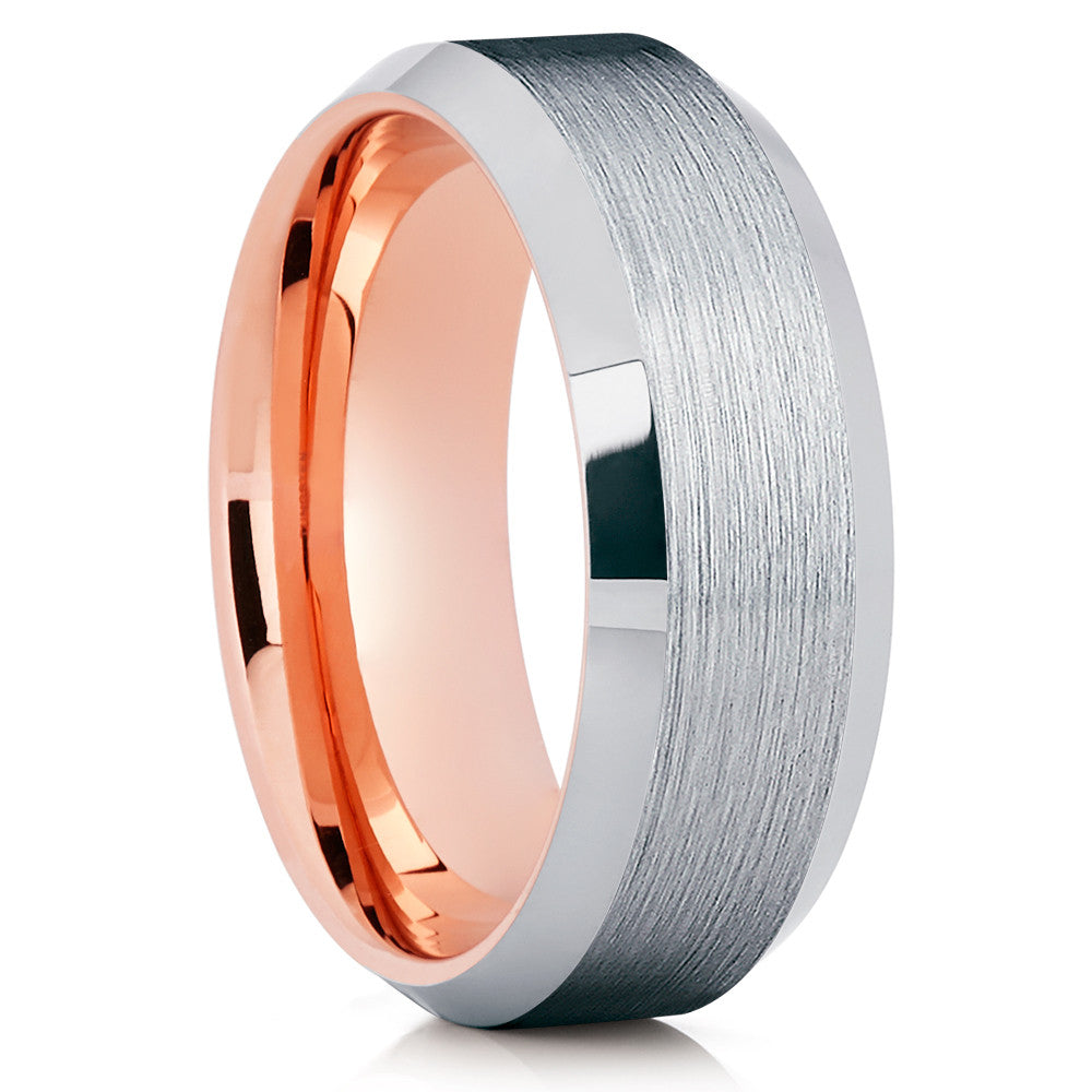 Rose Gold Tungsten Band - Silver Brush - Rose Gold Tungsten Ring - Beveled - Clean Casting Jewelry