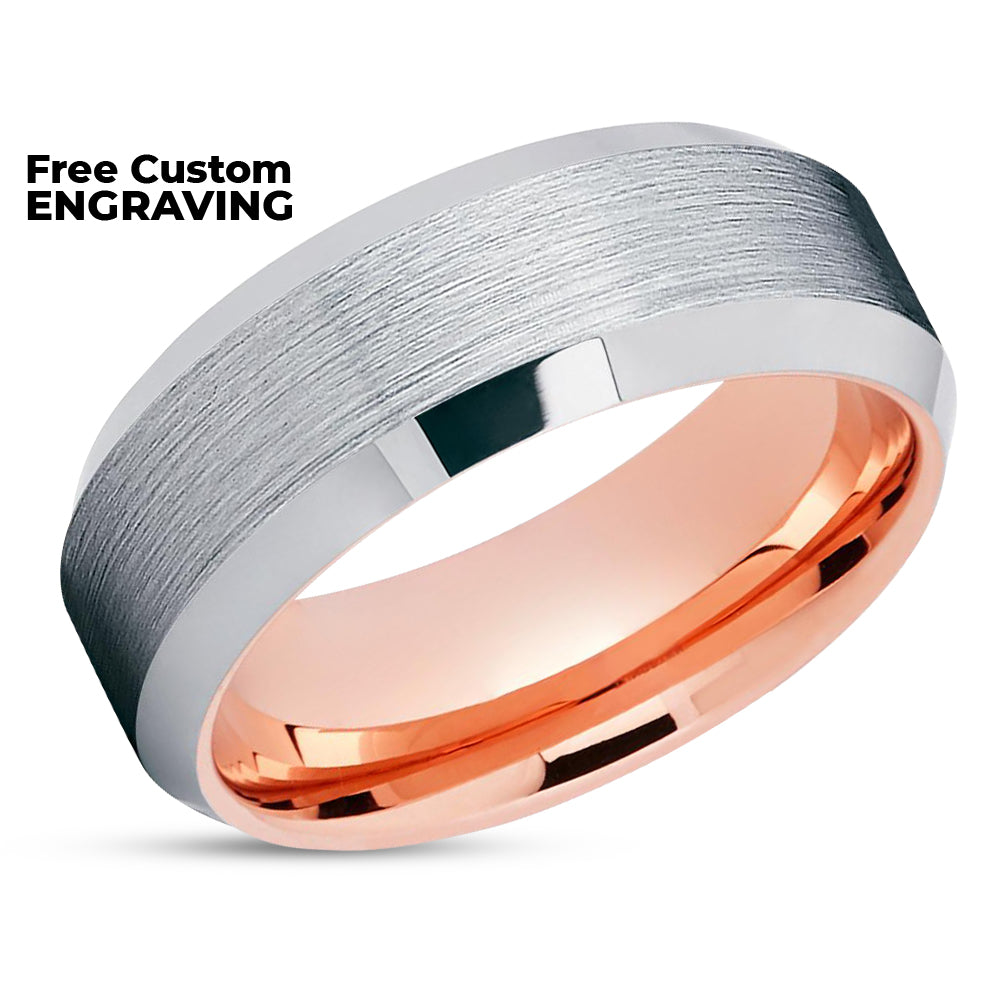 Rose Gold Tungsten Band - Silver Brush - Rose Gold Tungsten Ring - Beveled