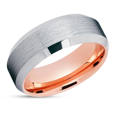 Rose Gold Tungsten Band - Silver Brush - Rose Gold Tungsten Ring - Beveled