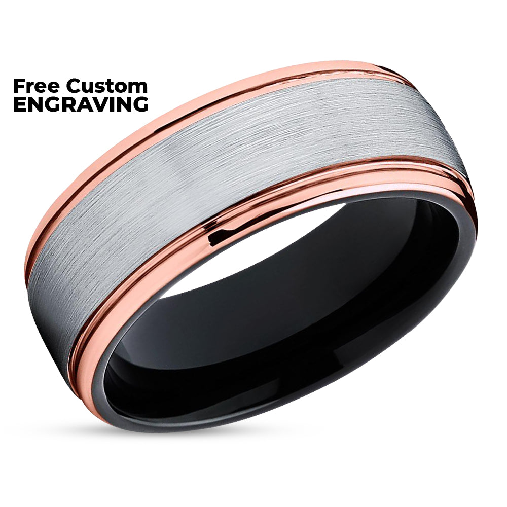 Rose Gold Wedding Ring - Tungsten Wedding Band - Black Tungsten Ring - Dome Ring