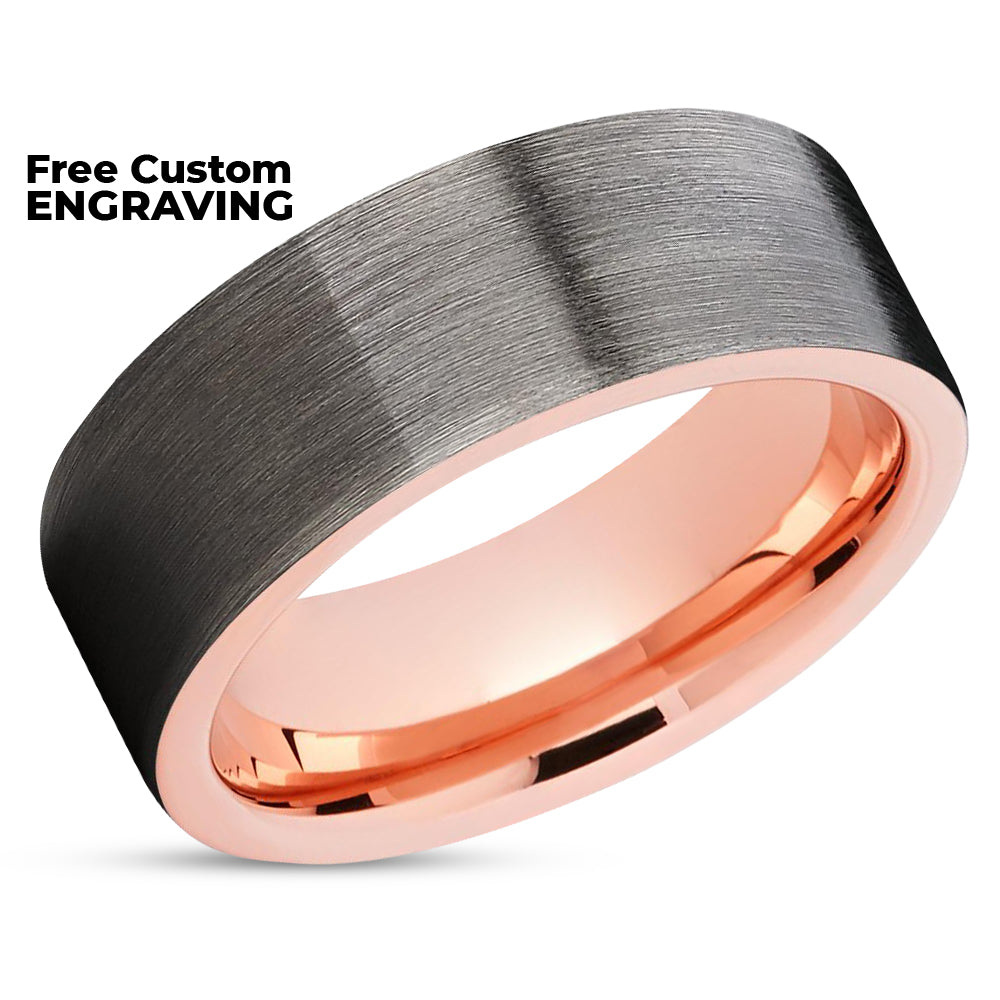 Rose Gold Tungsten Ring - Gray Tungsten Band - Rose Gold Tungsten - Brush