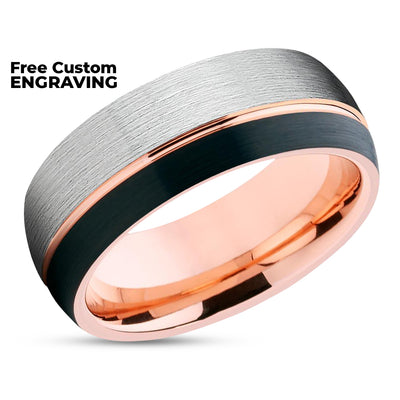 Rose Gold Wedding Band - Tungsten Ring - Black Tungsten Wedding Ring - Black Ring