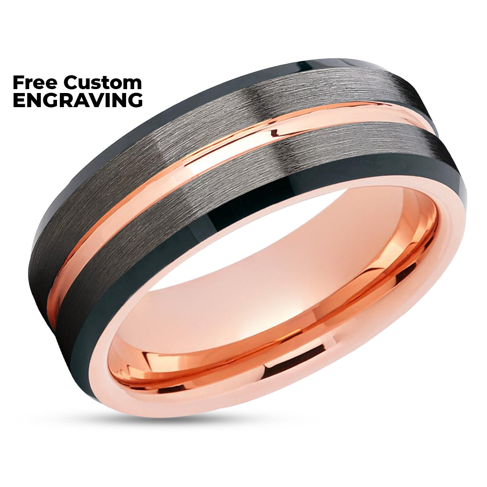 Rose Gold Tungsten - Black Tungsten - Gunmetal Wedding Ring - Rose Gold Wedding Band