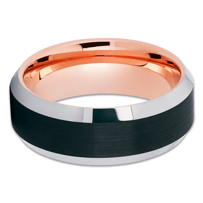 Rose Gold Tungsten Wedding Band - Beveled Edges - Black Tungsten Ring - Clean Casting Jewelry