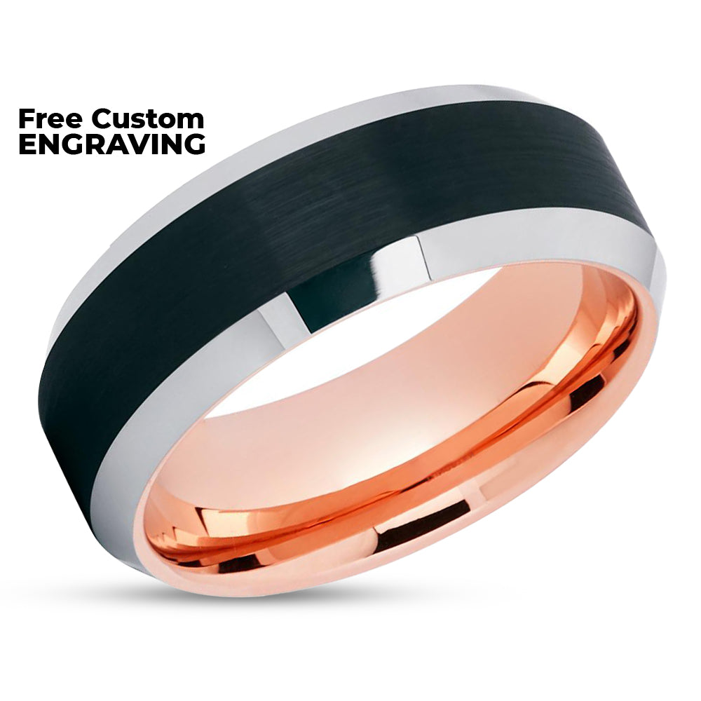 Black Wedding Ring - Rose Gold Tungsten Ring  - Tungsten Carbide Ring - Engagement
