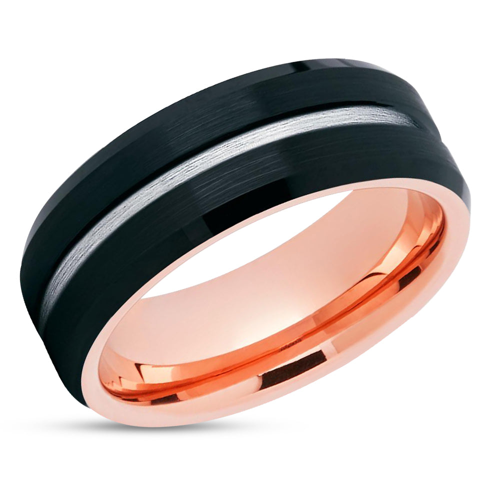 Rose Gold Tungsten Wedding Band - Black Tungsten - Rose Gold Wedding Ring - Black