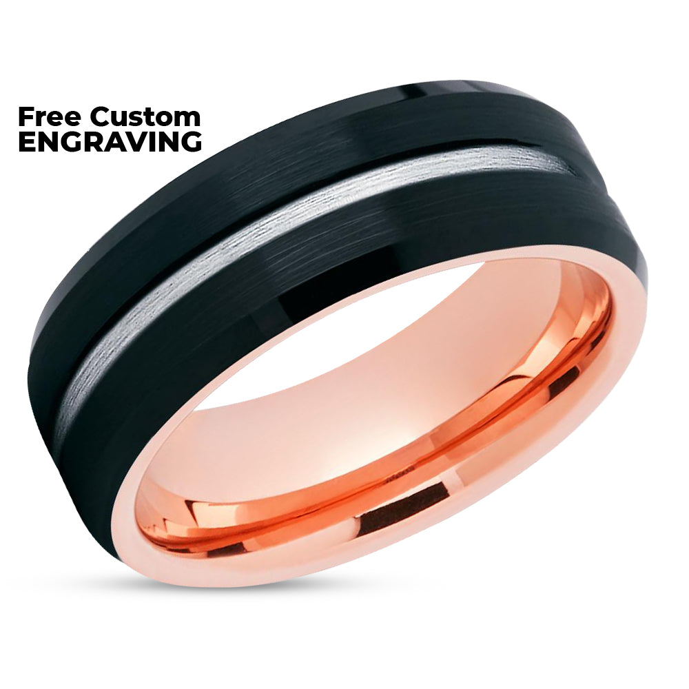 Rose Gold Tungsten Wedding Band - Black Tungsten - Rose Gold Wedding Ring - Black