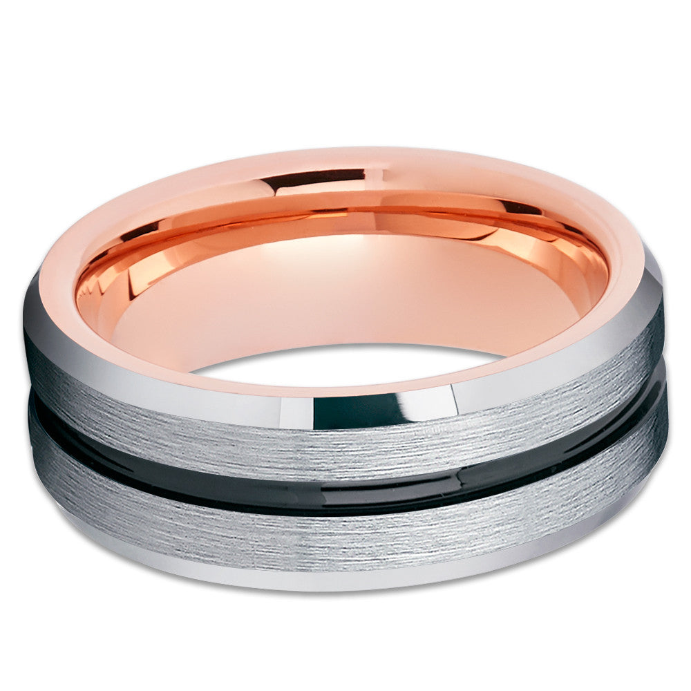Rose Gold Tungsten Wedding Band - Black Tungsten - Silver Tungsten Band - Clean Casting Jewelry